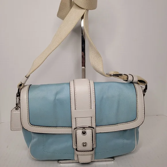 Coach Hampton Blue Soho Twill/Leather Shoulder Bag M0669-P10707 - Picture 1 of 13